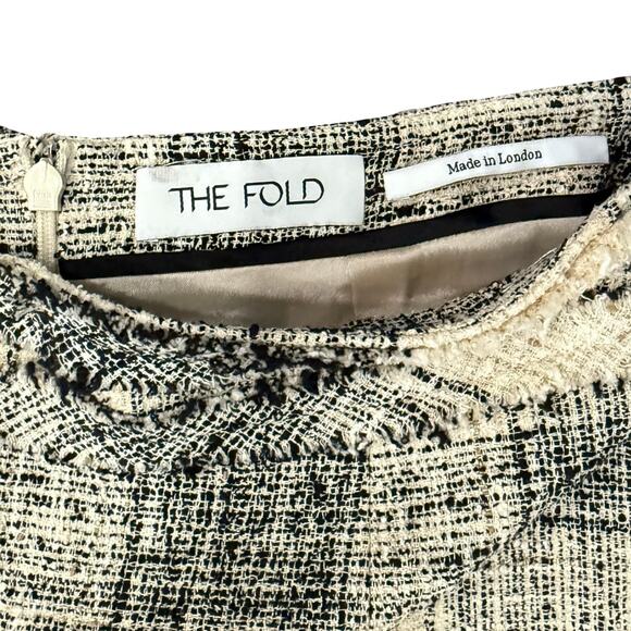 The Fold London Black Beige Tweed Plaid Midi Fringe Pencil Skirt Sz 8 US / 12 UK - Picture 7 of 9